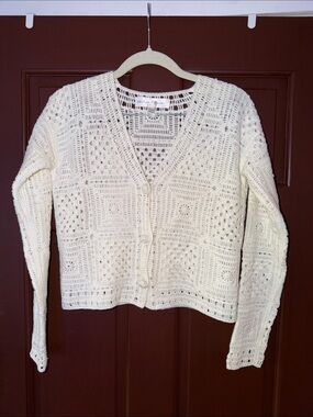 Chelsea & Theodore Cream Crochet Open-Front Cardigan